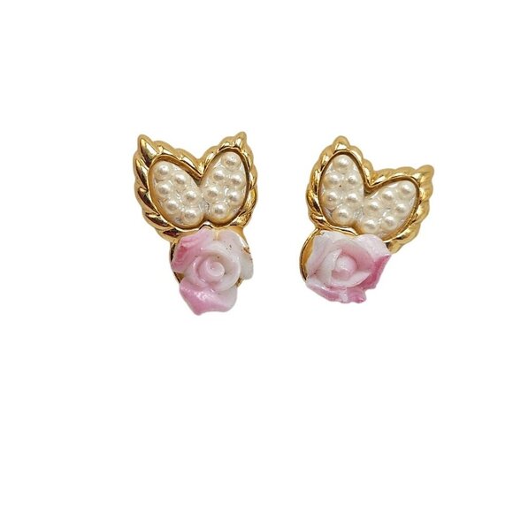 Avon 1991 "Porcelain Blossom" Flower and Pearl Leaf Post Back Gold Tone Earrings - Picture 1 of 5